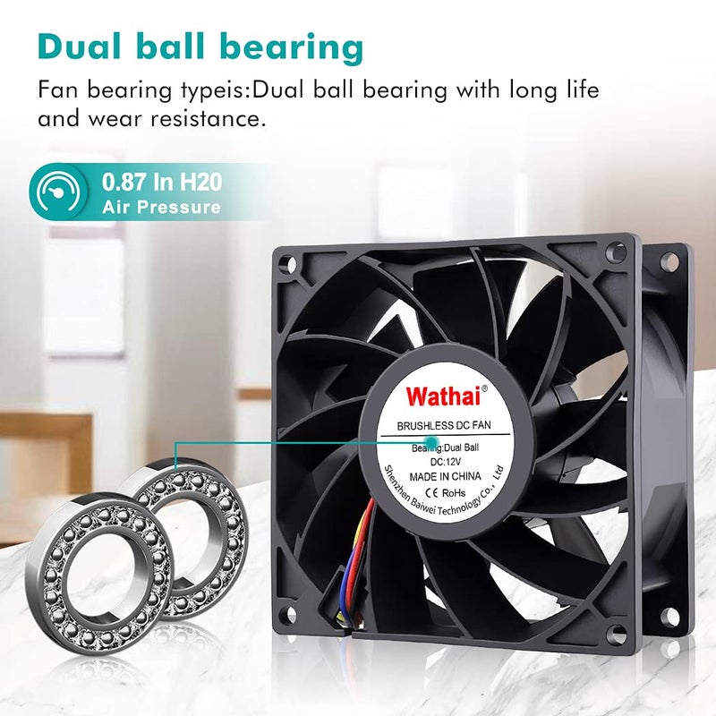 Wathai 92mm x 38mm 90mm Dual Ball 12V High Airflow Fan DC High Speed Pressure Cooling Fan - Image 3